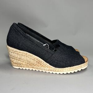 Skechers Wedge Sandals Women's Size 8 Dark Blue Denim Espadrille Open Toe Heels
